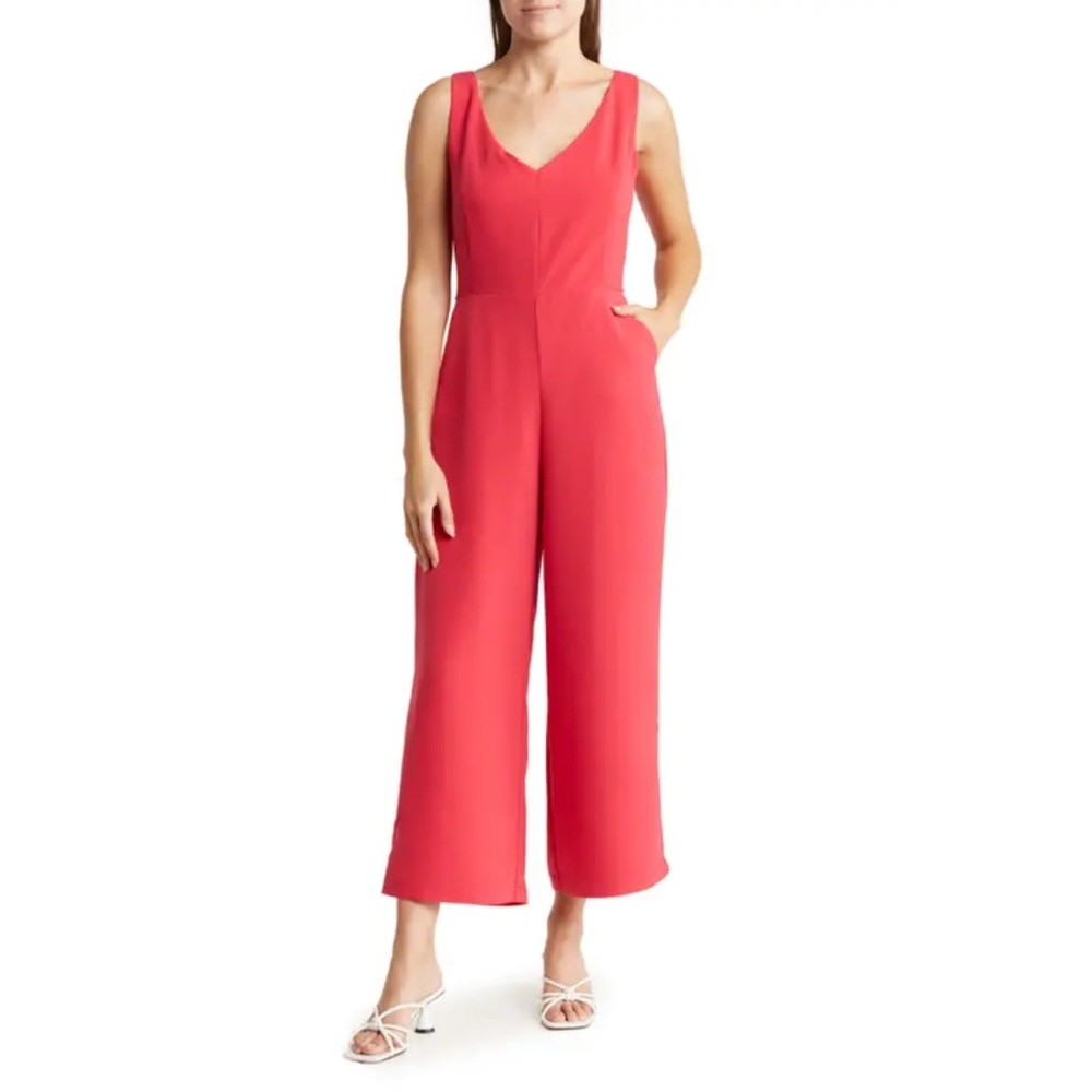 💙NWT Melloday Red Tie Back Wide Leg Cropped Jumpsuit Minimalist Summer Resort